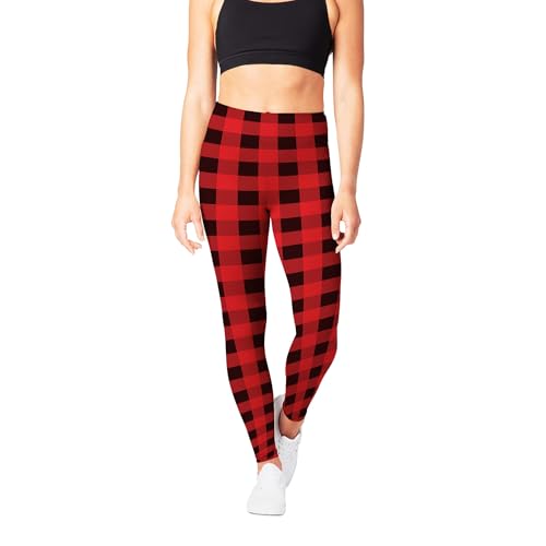 SATINA High Waisted Leggings for Women - Plaid Pants, Christmas Leggings and Tights - Comfortable and Stretchy in Versatile Sizes and Colors - Red