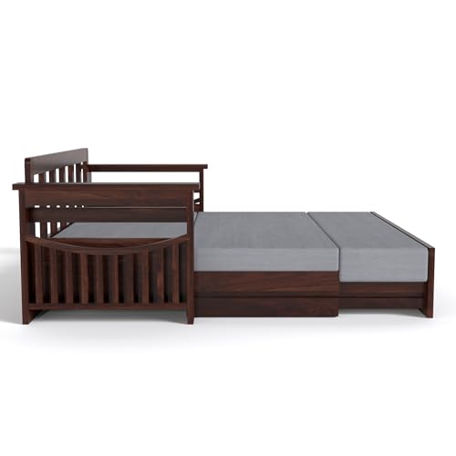 Image of Mamta Furniture Solid Sheesham Wood Sofa Set 3 Seater Furniture Wooden 3 Seater Sofa Cums Bed for Home Living Room with Cushions (Walnut with Grey, 3 Seater Design 2)