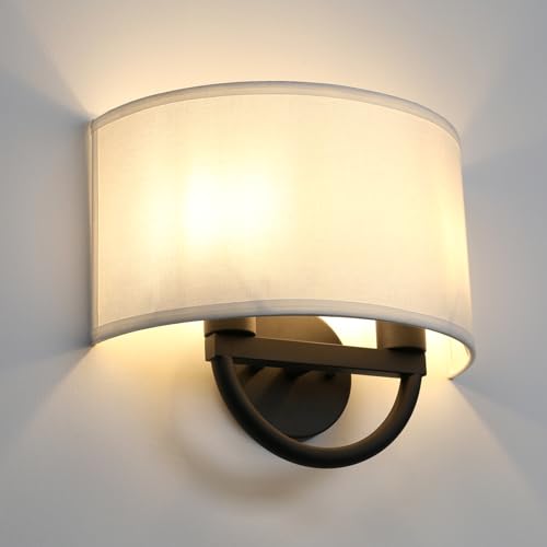 Image of Industrial 2-Lights Wall Sconce Fixture with White Fabric Shade, Double Arm Wall Light Lamps Decor for Hallway Bedroom Living Room Bathroom Stairway