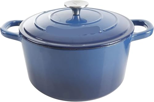 QAZWZG Cacerola Cazuelas Horno Redondo De Hierro Fundido Esmaltado, 7 Cuartos,Cazuelas A Prueba De Horno Azul