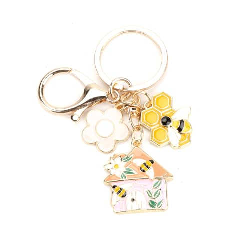 Tranbath Llavero personalizado con diseño de abeja de flores de casa rosa, accesorio creativo para coche, regalos para mujeres, mamá, hermana, buena amiga, regalos para colegas, regalos para amantes
