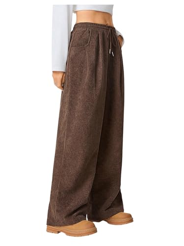 Women's Baggy Corduroy Pants Straight Leg Drawstring Elastic Waist Loose Long Trousers with Pockets3