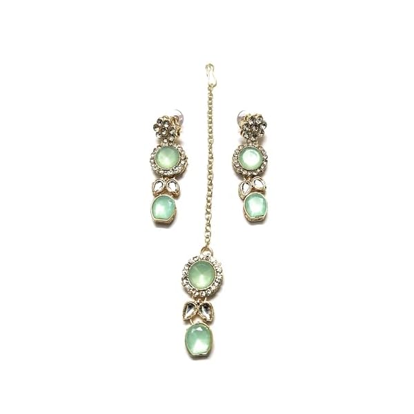 SHARVARI IMITATION JEWELLERY sea green kundan necklace set with studded earrings and maangtika - Image 7