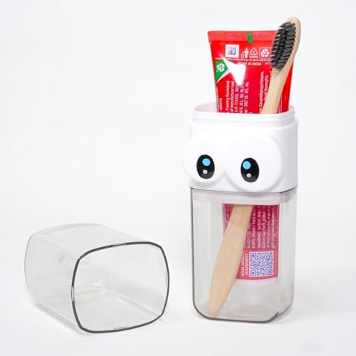 Image of Cartoon Transparent Toothbrush Holder with Storage Container - Dust-Proof, Travel-Friendly Case with 2 Cups Inside - Ideal for Camping, Picnic, Trip, Travel