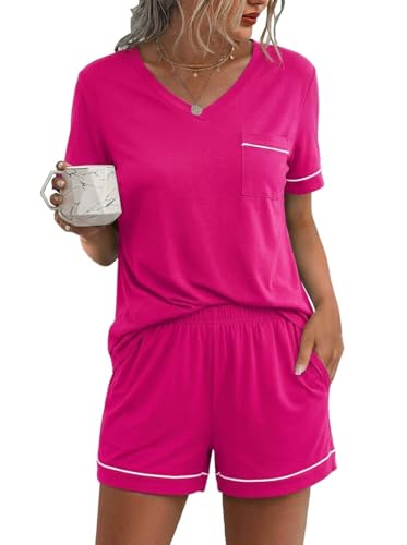 Image of Ekouaer Pajamas for Women Set Short Sleeve Loungewear Soft Pjs Shorts Set | V Neck Sleepwear with Pocket,Comfy Lounge Sets,Comfortable Fit,lightweight,Maternity,Gift,Sleeping & Bedtime,Lounging at Home