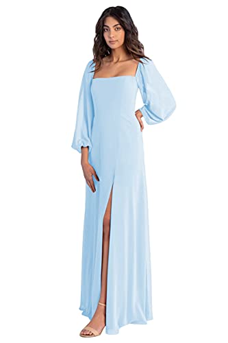 BONOYUER Women's Puffy Long Sleeve Bridesmaid Dresses with Slit A Line Square Neck Formal Prom Evening Gown