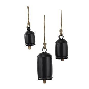 Deco 79 metal decorative cow bells tibetan inspired with jute hanging rope 10859h black  urban country home decor