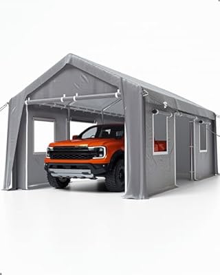 DEXSO Carport 13'x20' Heavy Duty Portable Garage, 1.0 mm Steel Poles & 180 g PE Waterproof Canopy, with Front & Rear Doors, 2 Side Doors, and 4 Windows, for Pickup Truck, and Boat, Gray