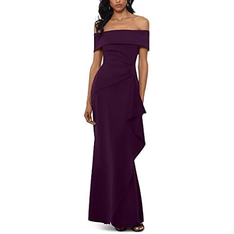 Xscape Long Scuba Off-The-Shoulder Dress Plum 14 Cover