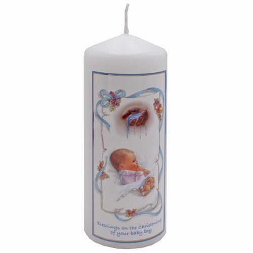 6 Baptism Pillar Candle Baby Christening Keepsake 15cm Gift Wrapped with 46 Hour Burn Time (Baby Boy 2108)