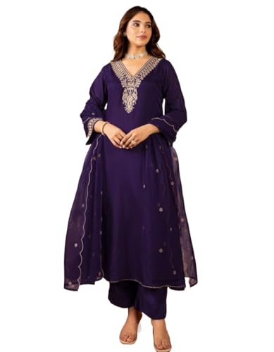Image of Nermosa Women Embroidery Solid Anarkali Kurta and Pant Set with Dupattas