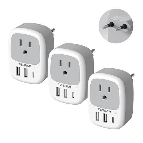 3 Pack European Travel Plug Adapter, TESSAN US to Europe Plug Adapter with 3 USB Ports (1 USB C), Type C Power Adaptor for EU International Italy Spai