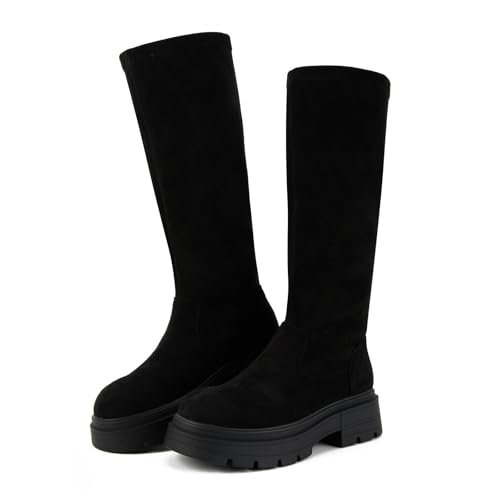 Putu Women's Platform Knee High Boots, Comfortable Faux Suede Chunky Block Heel Boots Round Toe Pull On Long Boots