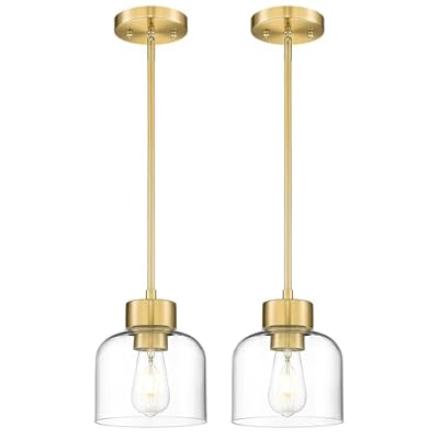 Audickic 2-Pack Pendant Lights Kitchen Island, 7" Brushed Gold Hanging Lights Fixtures with Clear Glass Shade, Modern Brass Kitchen Pendant Lighting Over Island for Dining Room, AD-24024-1P2-GD