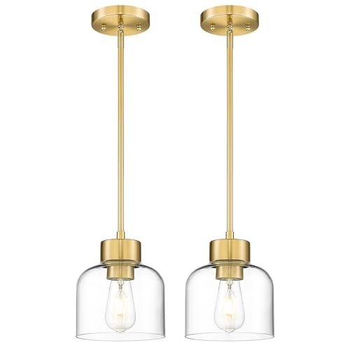 Image of 2-Pack 7 inch Brushed Gold Pendant Lights Kitchen Island, Clear Glass | Modern Brass Hanging Light Fixture Over Island for Dining Room, Adjustable Height, E26 Base, AD-24024-1P2-GD