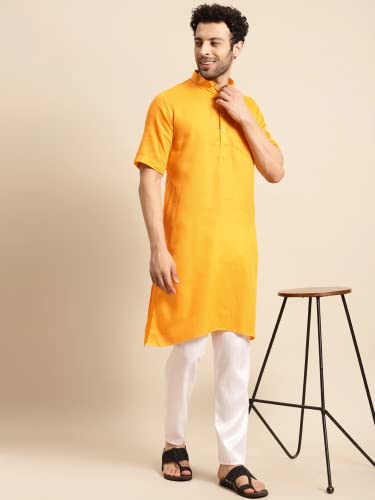 Image of Rajubhai Hargovindas Men's Pure Cotton Woven Design Half Sleeve Kurta