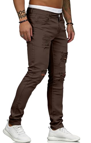 Image of HUNGSON Men's Blue Slim Fit Jeans Stretch Destroyed Ripped Skinny Jeans Side Striped Denim Pants