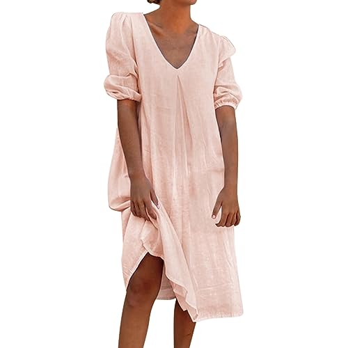 AMDOLE Vestidos de verano para mujer, vestidos casuales de lino de color sólido, cuello en V, vestido suelto de manga corta, vestidos largos de algodón para verano, naranja, XL