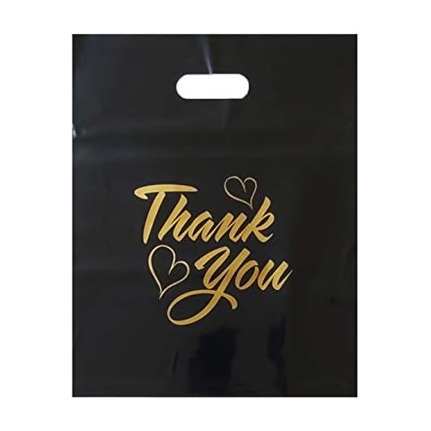 VADUGAVARA 100 Pack 12x15 Extra Durable Black Thankyou Merchandise Bags Die Cut Handle-Glossy Finish - for Retail, Boutique, Party Favor, Goodie Bags, Gift Bags handout Cover
