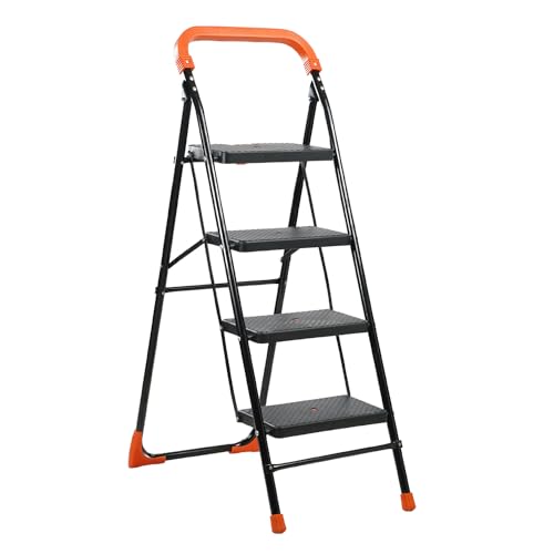 Image of BRANCO Heavy Duty Folding Ladder with Wide Steps | Lifestyle 4 Steps Foldable Ladder | Slip-Resistant | High Strength Long Durable for Home, Kitchen | (Black & Orange)