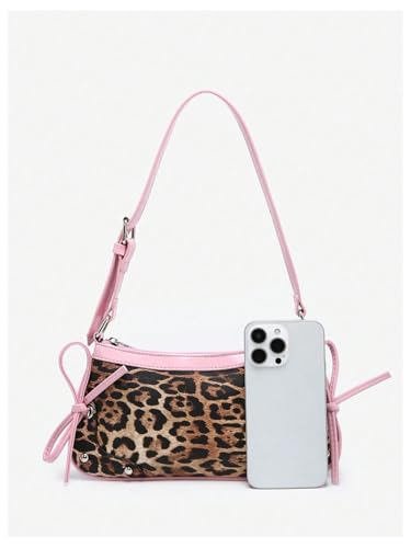 Image of QWINEE Women's Leopard Print Purse Y2k Cheetah Shoulder Bag Bow Studded Clutch Zipper Adjustable Strap Underarm Bag