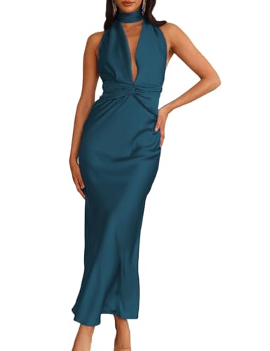 Summer Sexy Satin Backless Halter Maxi Dress for Women Elegant Sleeveless V Neck Twist Wedding Guest Dresses Cocktail