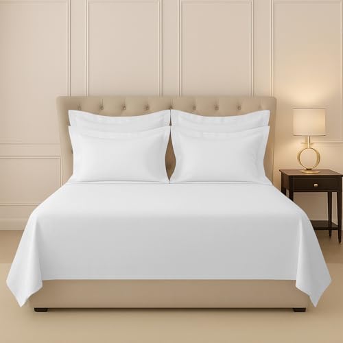 Image of Pizuna 100% Cotton Bedsheet Super King Size White, 400 Thread Count Long Staple Combed Cotton Flat Bedsheets 108x108 Inches with 4 Pillow Covers, Bed Sheet for Super King Size Bed
