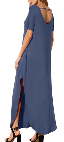 Image of GRECERELLE Women's Summer Maxi Dress Casual Loose V Neck Short Sleeve Side Split Long Dresses with Functional Pockets