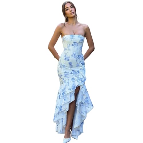Image of Women's Sexy Strapless Backless High Split Long Maxi Dress Ruched Off Shoulder Sleeveless Bodycon Party Cocktail Dresses