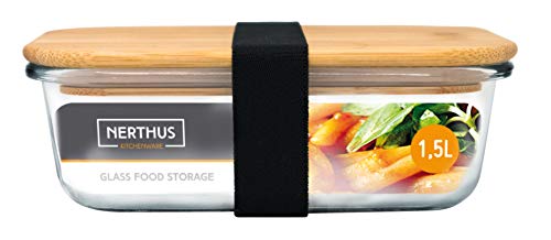 NERTHUS Recipiente hermético Cristal Tapa bambú 1500 ml, Borosilicato
