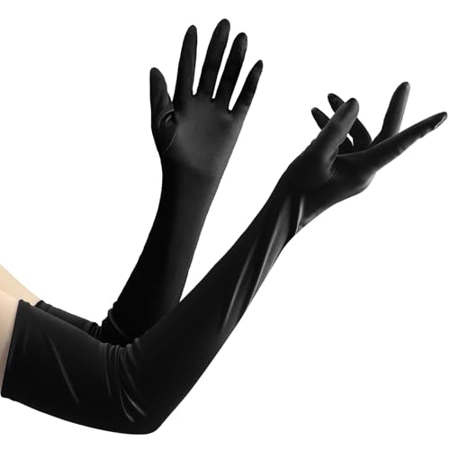 SycloPak Schwarze Lange Handschuhe Damen Satin 1920er Stil für Oper, Abend & Kostüm Elegante Handschuhe Schwarz Lang Abendhandschuhe für Halloween Karneval