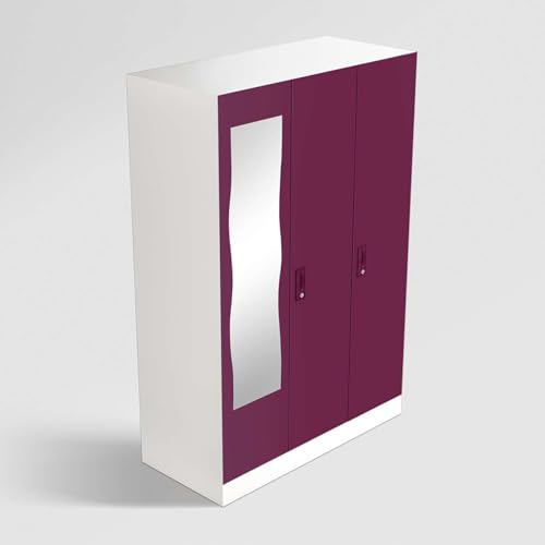 Image of Interio by Godrej Almirah Slimline 3-Door Steel Almirah, Cupboard for Clothes (Purple), 1-Year Warranty, 7 Shelves, 1 Locker, Curvilinear Mirror