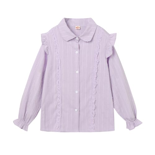 Image of LittleSpring Girls Button Down Shirt for Kids Peter Pan Collar Ruffle Blouse