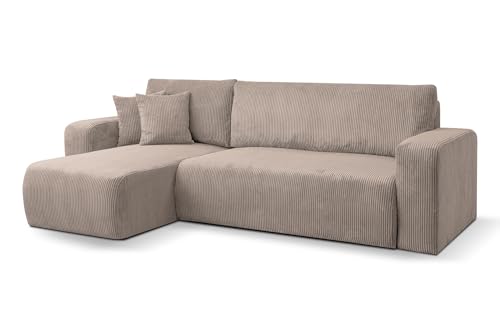 VENASI MÖBEL Canapé d'angle avec fonction lit et tiroir de rangement Tissu corduroy, Luna Forme L Canapé convertible d'angle (Marron)