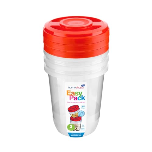 HOMESHOPA Round Plastic Food Storage Containers, Red 3 Pack 1 Litre Screw & Seal Lids BPA-Free Stackable Leak-Proof Airtight Canisters, Microwave and Dishwasher Safe