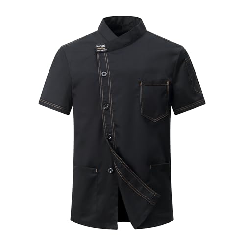 CoXuantion Chaqueta de Chef Hombre Profesional Cocinero Chaqueta Unisex Uniforme Chef Chaquetas Manga Corta Ajuste Moderno Chaquetilla Hotel Cafetería M,Negro