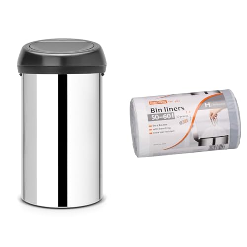 Brabantia 60 Litre Large Kitchen Touch Bin (Brilliant Steel/Matt Black Lid) - Uses 50-60 L Bin Liners (Size H), Pack of 30