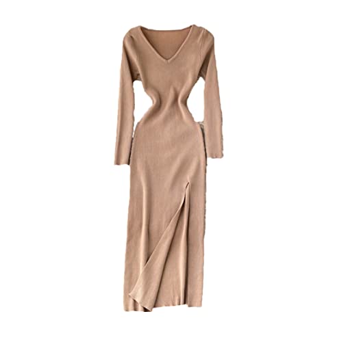 French Long High Split Knit Full Sleeve Dress Ladies Autumn Winter Solid Knit Bodycon Sweater Dress