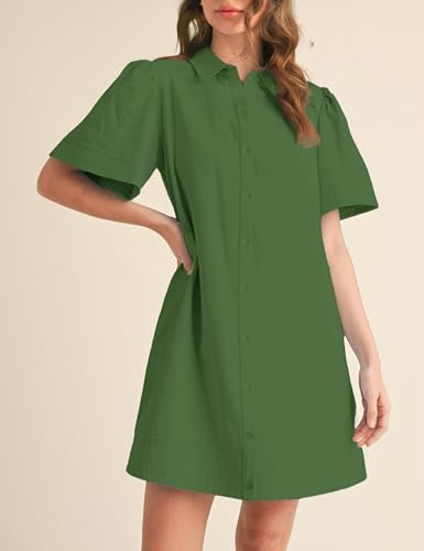 Image of Womens Short Sleeve Button Down Mini Shirt Dress Lapel Collar Short Dresses with Pocket