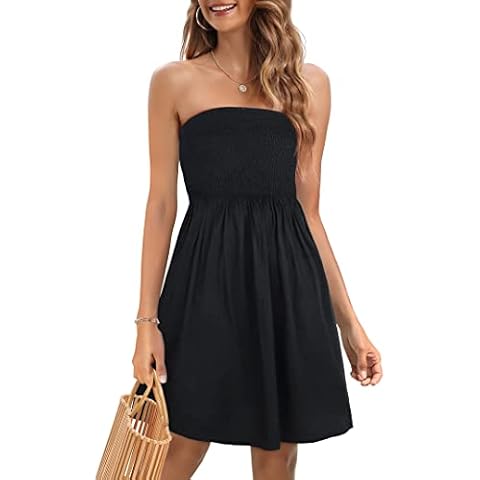 rosemia Strapless Dresses for Women Summer Casual Beach Cover Ups Off Shoulder Sundresses（Solid Black，S） Cover