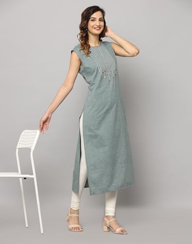 Image of Solid Sleeveless Kurta with Thread & Button Work