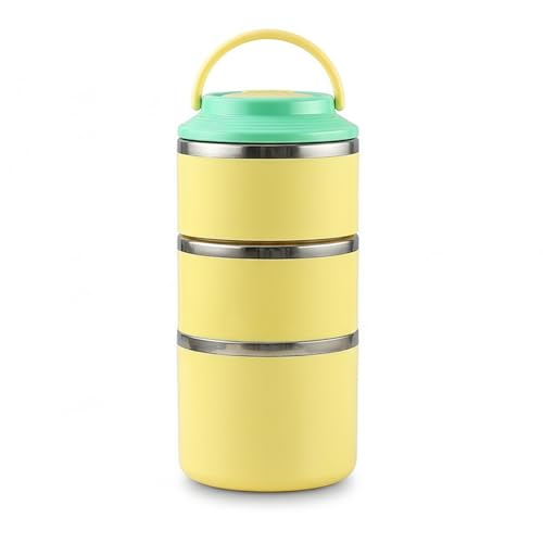Image of House of Quirk 3 Layer 304 Stainless Steel Round Lunch Box for Office, Portable Multi-Layer Lunch Bucket, Large Capacity Leak-Proof Food Container with Rice Storage (Yellow)