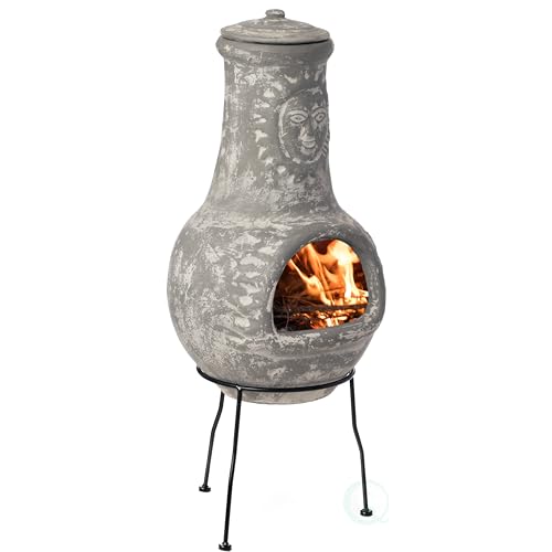 Outdoor Clay Chiminea Fireplace Sun Design Wood Burning Fire Pit with Sturdy Metal Stand, Barbecue, Cocktail Party, Cozy Nights Fire Pit (Stone Grey) -  Quickway Imports, QI004631.G