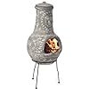 Outdoor Clay Chiminea Fireplace Sun Design Wood Burning Fire Pit with Sturdy Metal Stand Barbecue Cocktail Party Cozy Nights Fire Pit Stone Grey