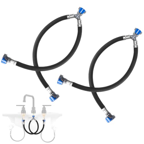 Otoolling 2 Pcs 12 Inch Quick Connect Water Hose Faucet Supply Lines Hot & Cold Water Mixer Line Replacement V-shape Widespread Bathroom Sink Faucet Y Hose with Snap-in Fast Lock Pipe(Black Blue)
