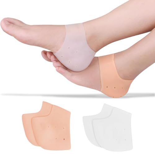KIRZAX 2 Pares Taloneras Silicona, Protector de Talón y Tobillo, Taloneras Fascitis Plantar Tobilleras de Silicona Transpirables, para Comodidad y Alivio del Dolor(Color de Piel + Blanco)