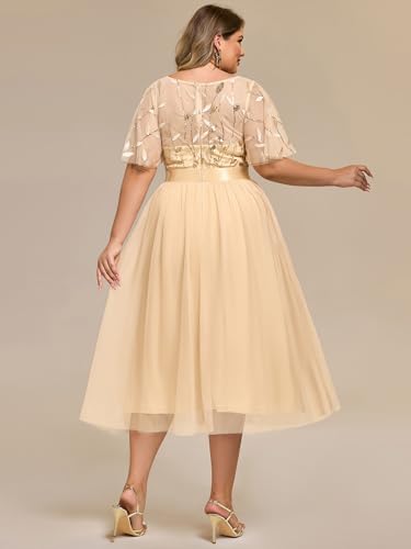 Image of Ever-Pretty Plus Women's Round Neck Embroidery Short Sleeves Sequin Tulle Midi Plus Size Cocktail Wedding Guest Dresses Gold US20