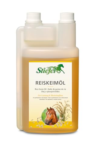 Stiefel Reiskeimöl für Pferde, hochwertiges 100% naturreines Öl, kann den Muskelaufbau & die Leistungsbereitschaft unterstützen, flüssig mit Dosierflasche, 1l