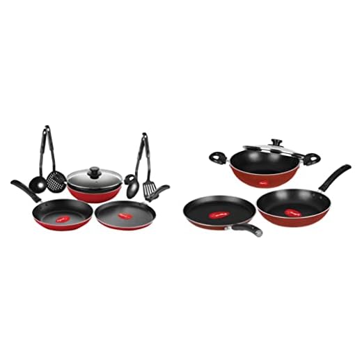 Pigeon by Stovekraft Basics Induction Base Non-Stick Aluminium Cookware Set, Terracotta Brown & Mio Aluminium Gift Set, Red (8 Pieces) Combo