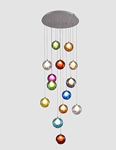 Lustre grand escalier cage lumineuse suspension 14 bulles de verre multicolores